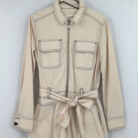 Zara Beige Cotton Linen Blend Boiler Suit Pockets Denim Utility Jumpsuit Small - Picture 2 of 14